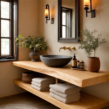 Handcrafted Live Edge Bathroom Vanity Shelf with Floating Wood Design