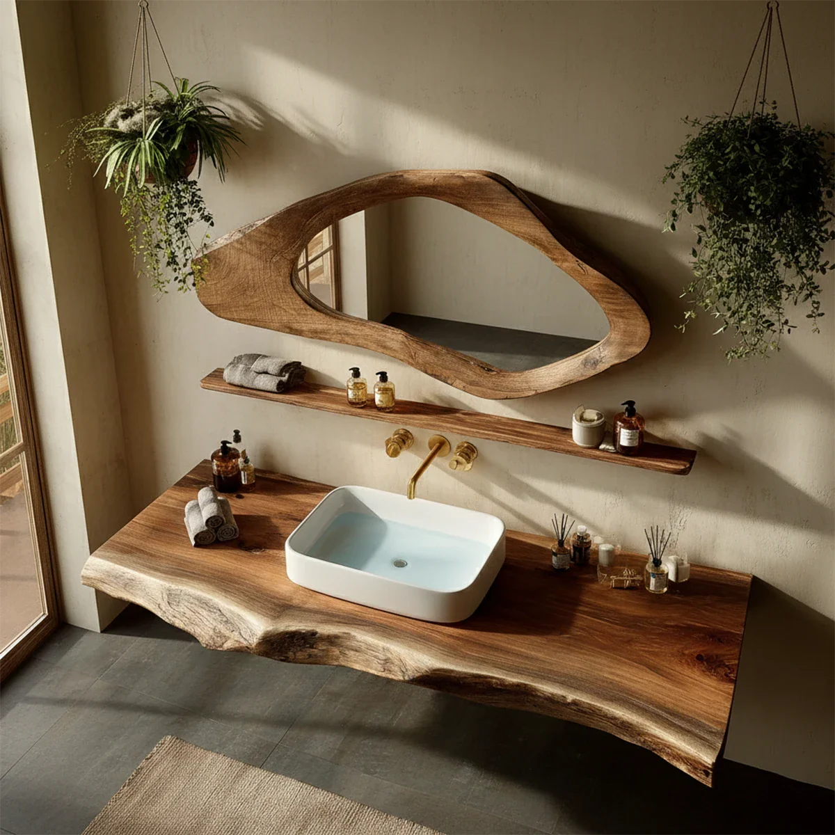 Handcrafted Live Edge Solid Wood Bathroom Counter Shelf
