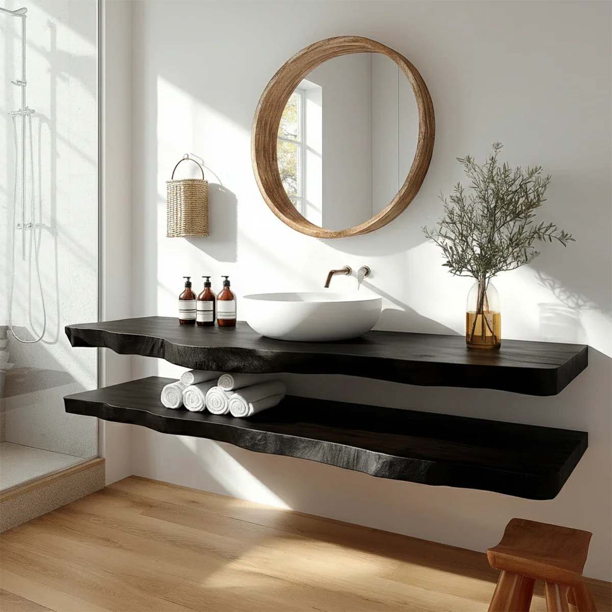 Minimalist Live Edge Solid Wood Vanity Counter with Dual Floating Shelves