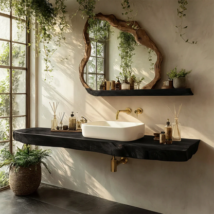 Organic Live Edge Solid Wood Bathroom Vanity Counter with Floating Mount