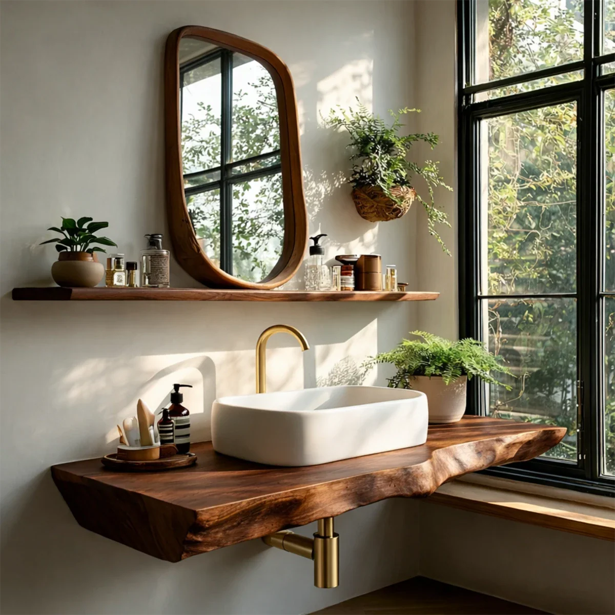 Organic Live Edge Wood Bathroom Countertop Vanity with Wall Mount Shelf
