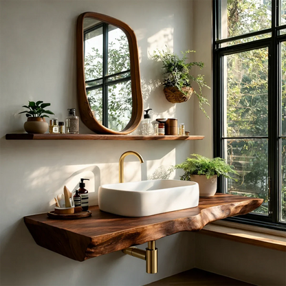 Organic Live Edge Wood Bathroom Countertop Vanity with Wall Mount Shelf