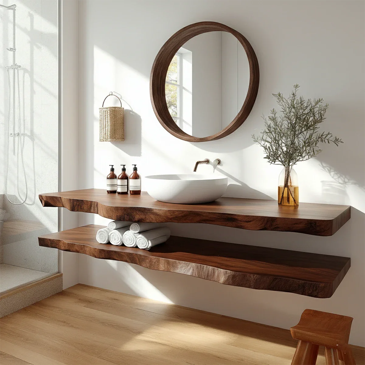 Minimalist Live Edge Solid Wood Vanity Counter with Dual Floating Shelves