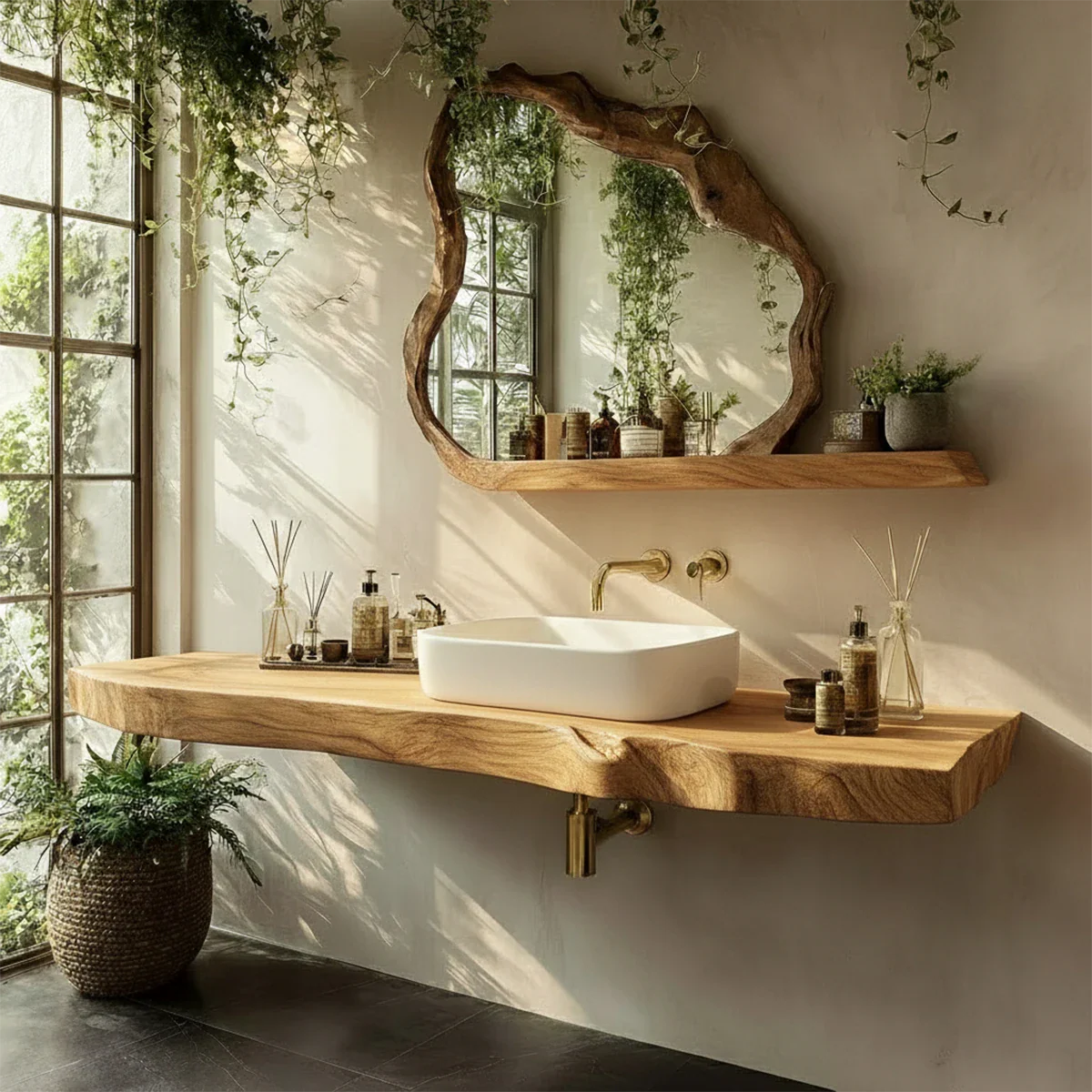 Organic Live Edge Solid Wood Bathroom Vanity Counter with Floating Mount