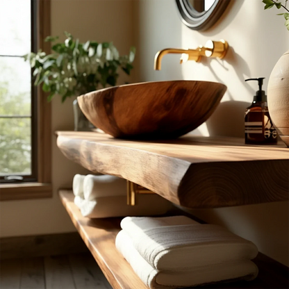 Rustic Live Edge Bathroom Counter with Floating Wood Shelf