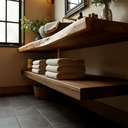 Handcrafted Live Edge Bathroom Vanity Shelf with Floating Wood Design