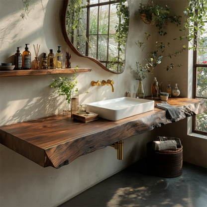 Natural Solid Wood Live Edge Vanity Shelf for Contemporary Bathrooms