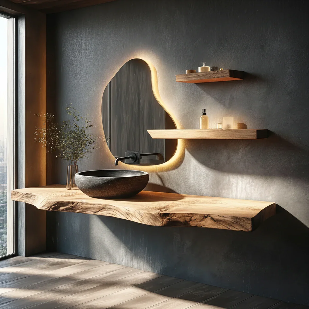 Contemporary Floating Live Edge Wood Bathroom Countertop Shelf
