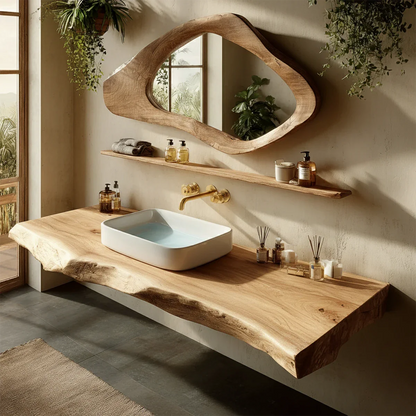 Handcrafted Live Edge Solid Wood Bathroom Counter Shelf
