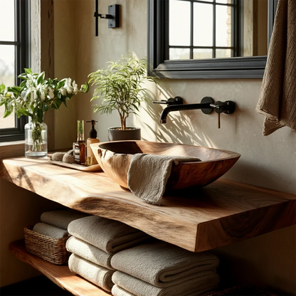 Live Edge Floating Bathroom Vanity – Natural Solid Wood Wall Mounted Sink Shelf