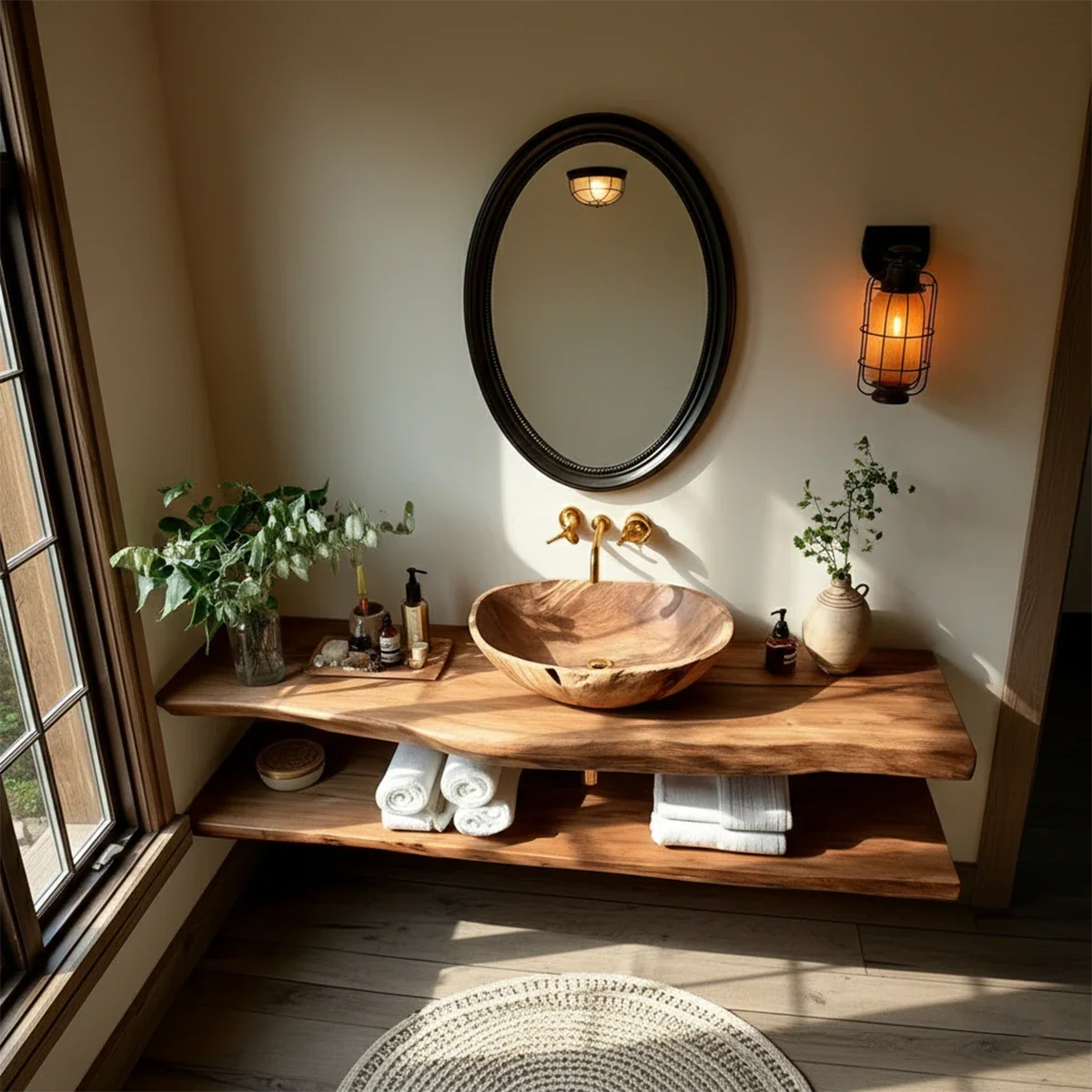 Rustic Live Edge Bathroom Counter with Floating Wood Shelf