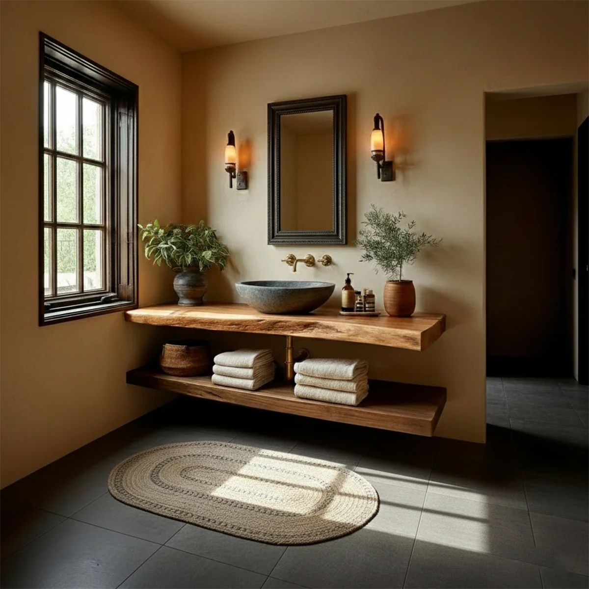 Handcrafted Live Edge Bathroom Vanity Shelf with Floating Wood Design