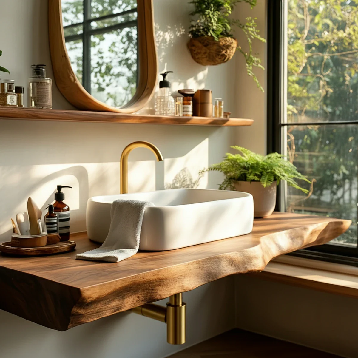 Organic Live Edge Wood Bathroom Countertop Vanity with Wall Mount Shelf