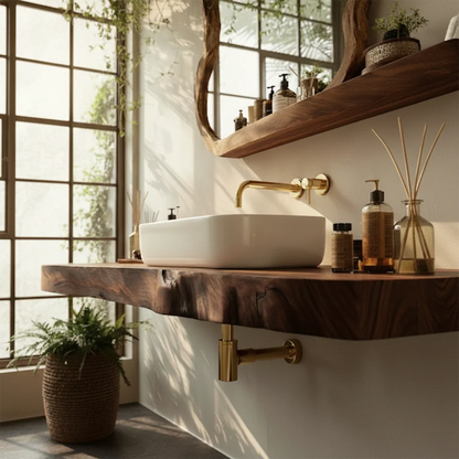 Organic Live Edge Solid Wood Bathroom Vanity Counter with Floating Mount
