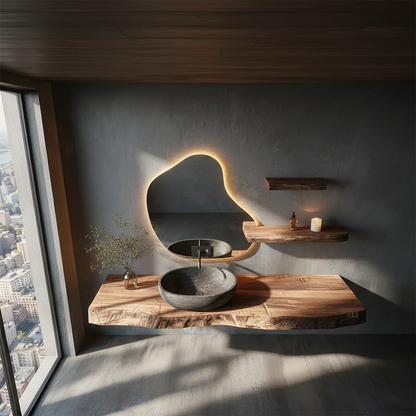 Contemporary Floating Live Edge Wood Bathroom Countertop Shelf