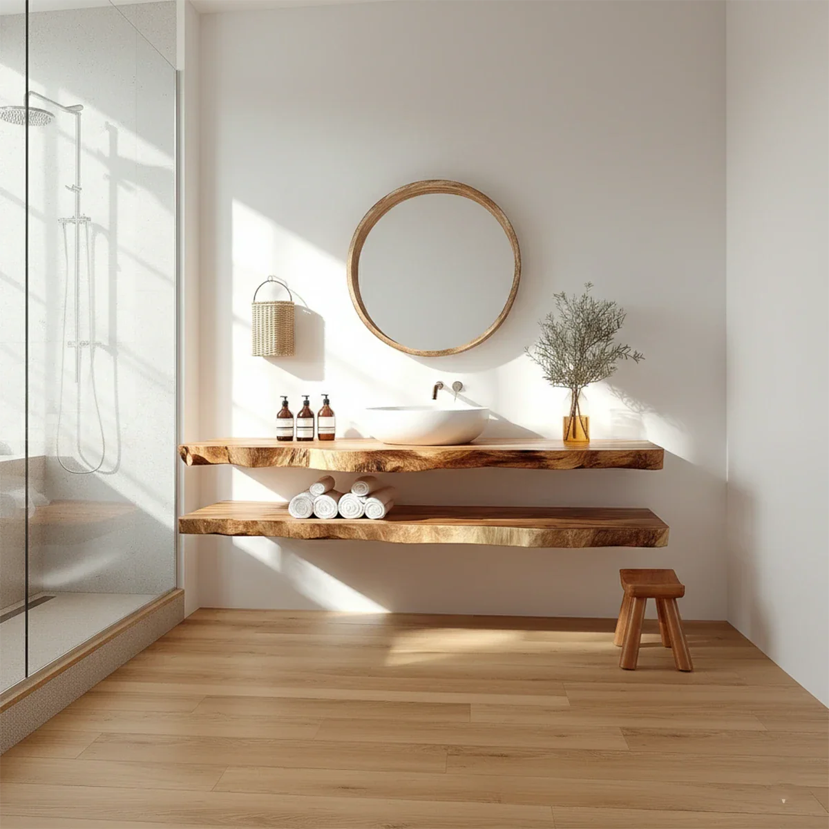 Minimalist Live Edge Solid Wood Vanity Counter with Dual Floating Shelves