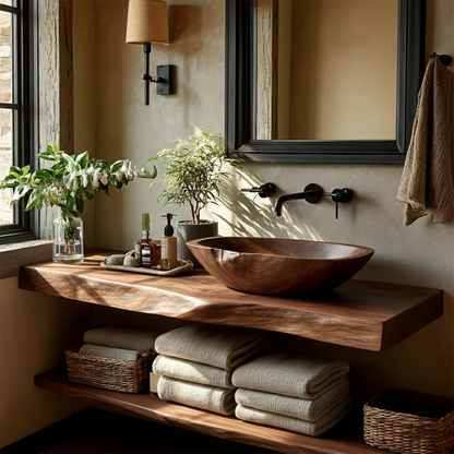 Live Edge Floating Bathroom Vanity – Natural Solid Wood Wall Mounted Sink Shelf