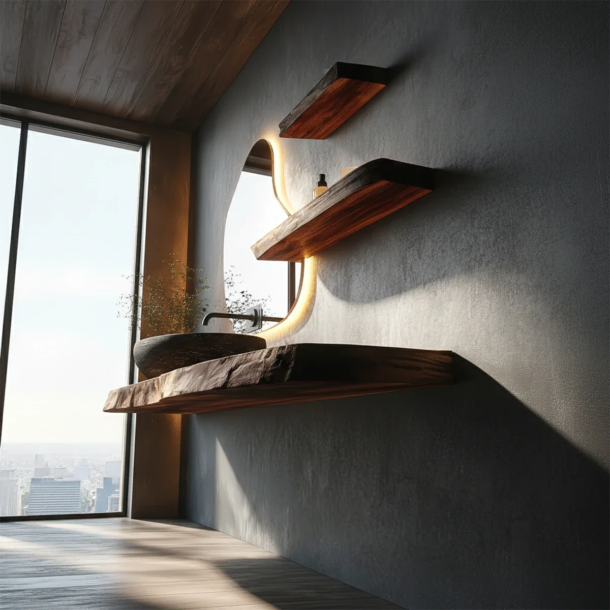 Contemporary Floating Live Edge Wood Bathroom Countertop Shelf