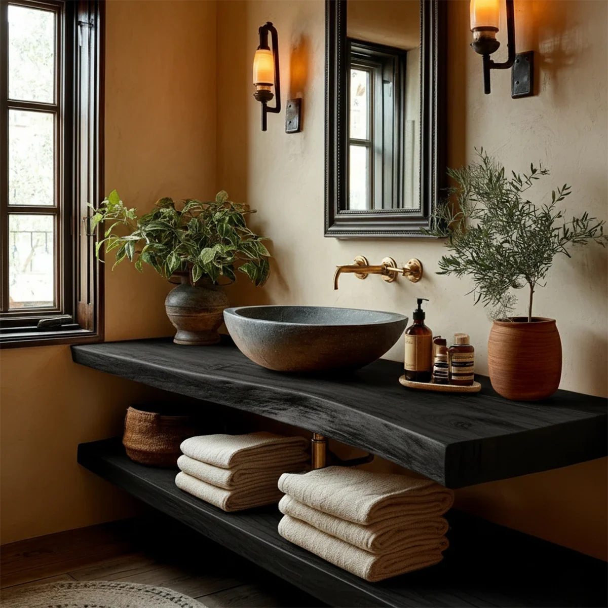 Handcrafted Live Edge Bathroom Vanity Shelf with Floating Wood Design