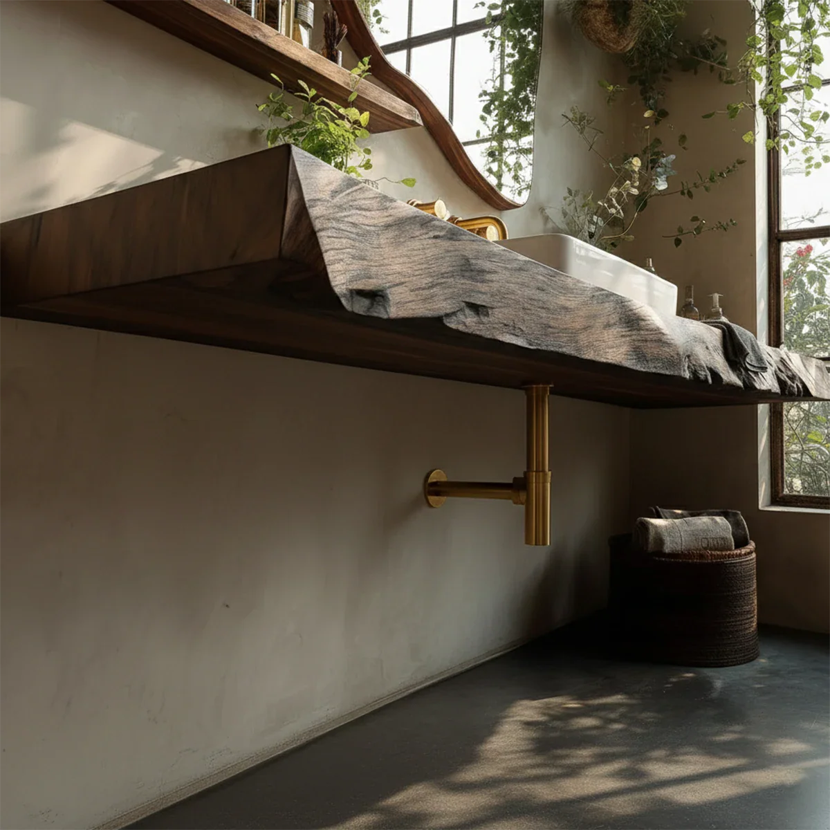 Natural Solid Wood Live Edge Vanity Shelf for Contemporary Bathrooms