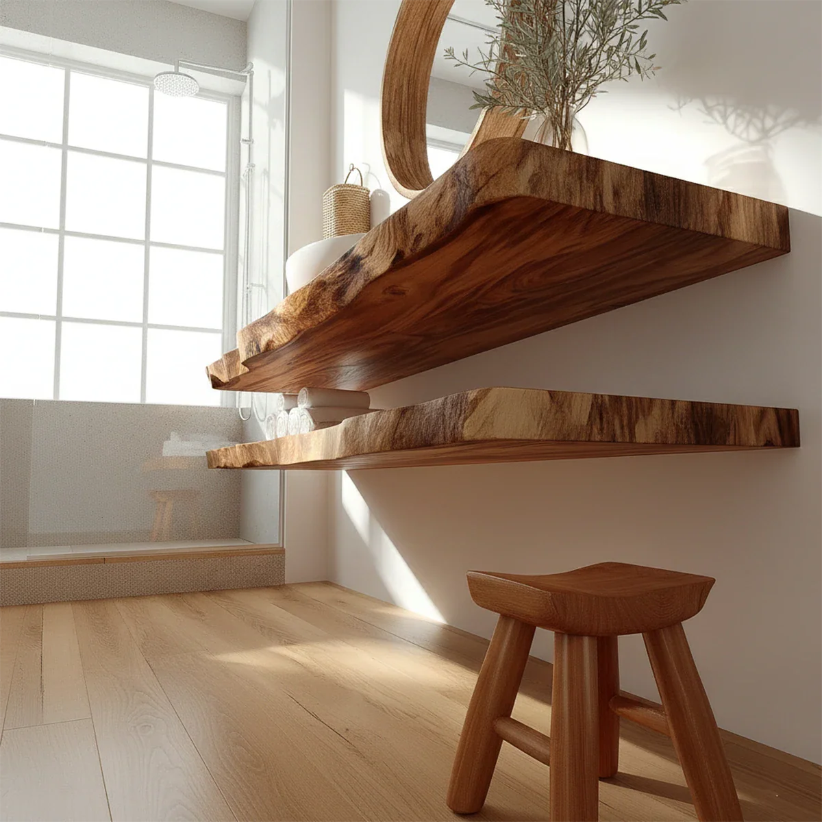 Minimalist Live Edge Solid Wood Vanity Counter with Dual Floating Shelves