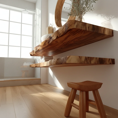 Minimalist Live Edge Solid Wood Vanity Counter with Dual Floating Shelves