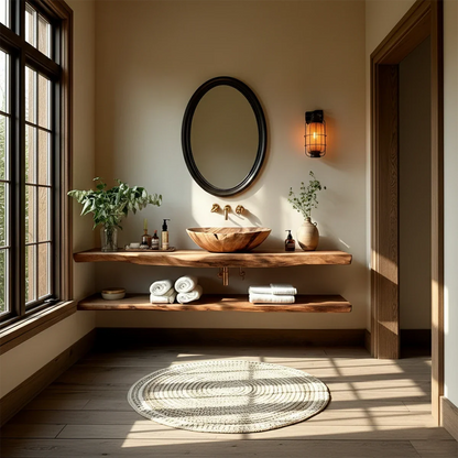 Rustic Live Edge Bathroom Counter with Floating Wood Shelf