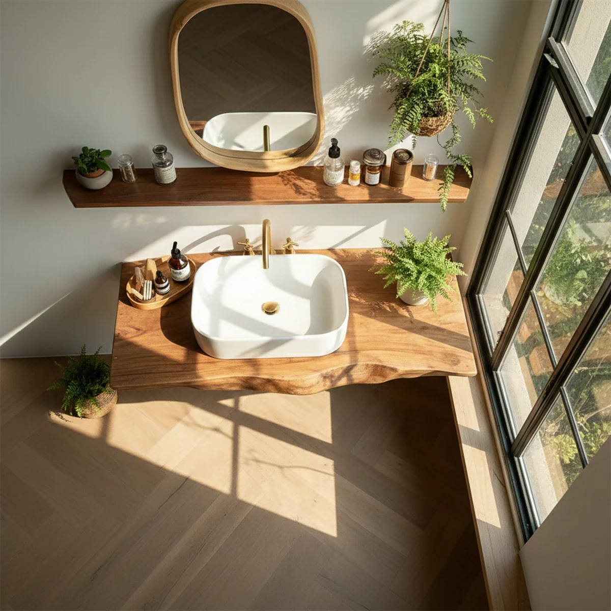 Organic Live Edge Wood Bathroom Countertop Vanity with Wall Mount Shelf