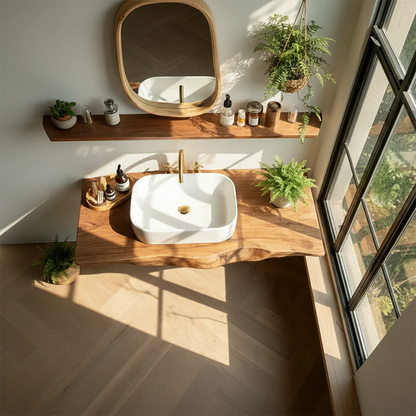 Organic Live Edge Wood Bathroom Countertop Vanity with Wall Mount Shelf