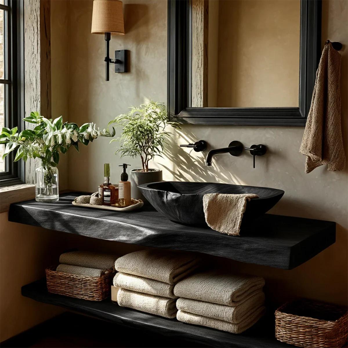 Live Edge Floating Bathroom Vanity – Natural Solid Wood Wall Mounted Sink Shelf