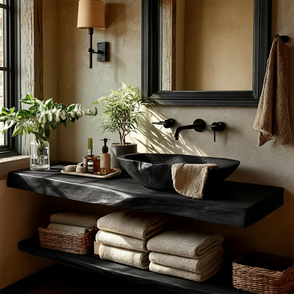 Live Edge Floating Bathroom Vanity – Natural Solid Wood Wall Mounted Sink Shelf