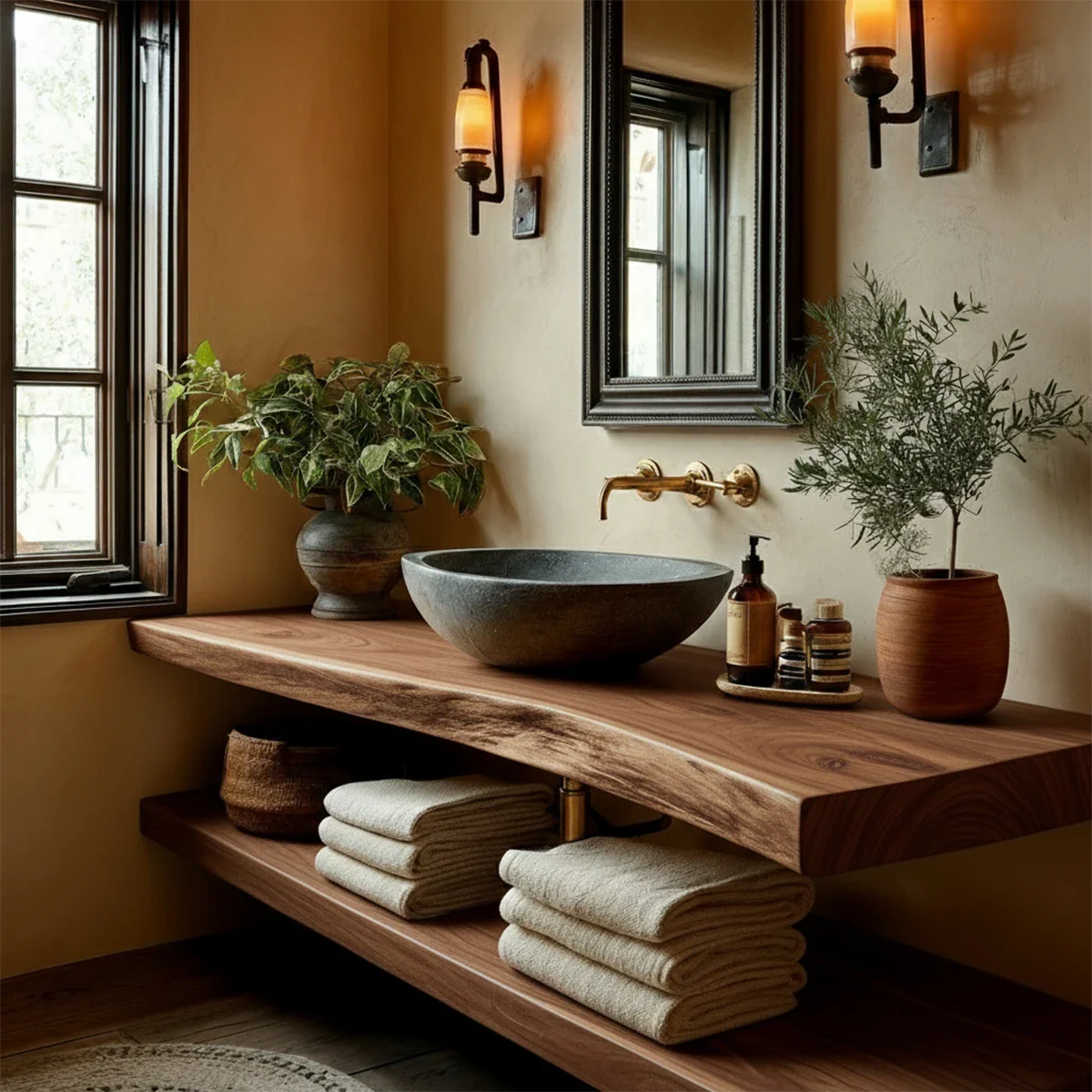 Handcrafted Live Edge Bathroom Vanity Shelf with Floating Wood Design