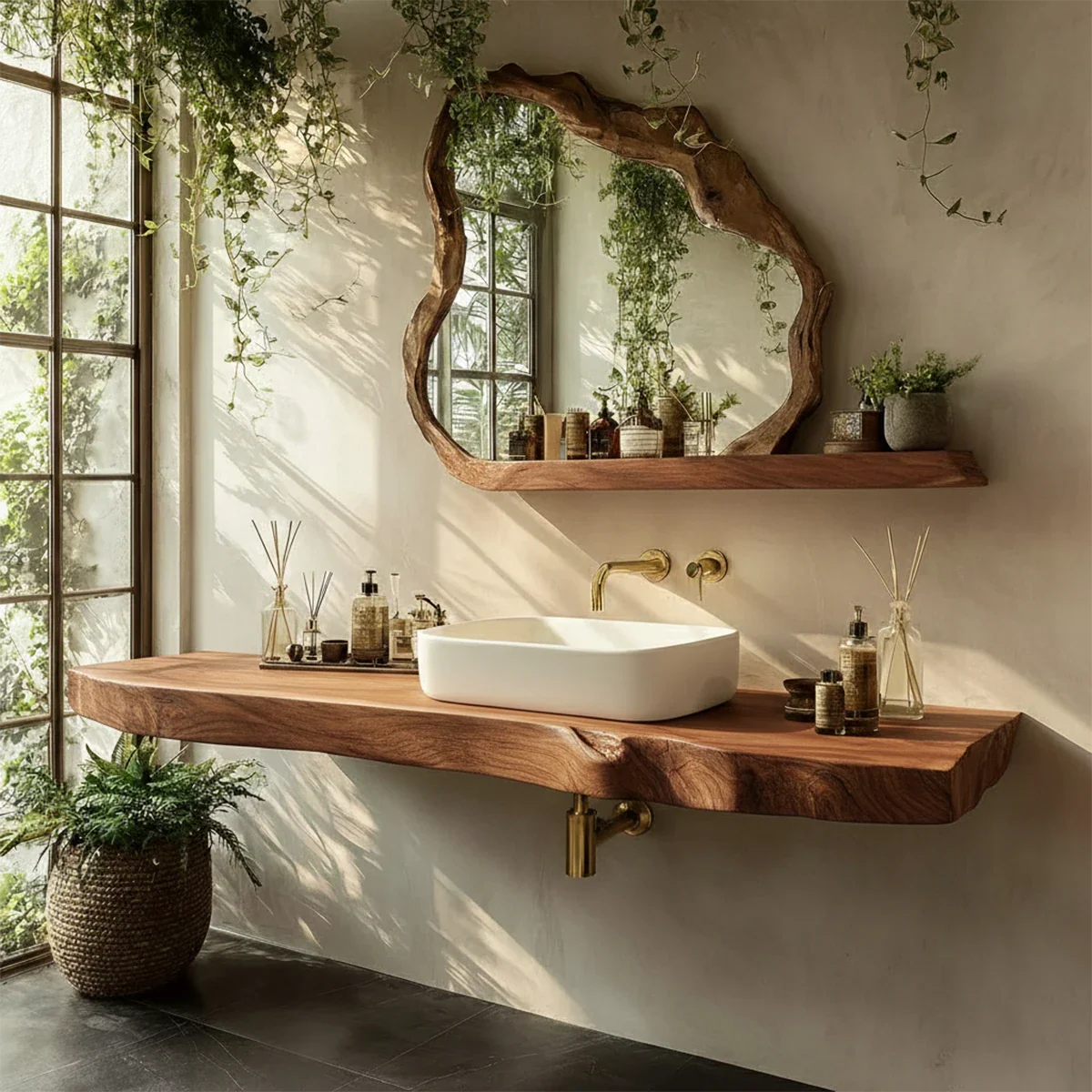 Organic Live Edge Solid Wood Bathroom Vanity Counter with Floating Mount
