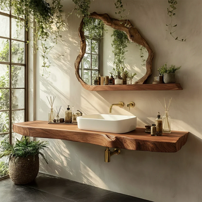 Organic Live Edge Solid Wood Bathroom Vanity Counter with Floating Mount
