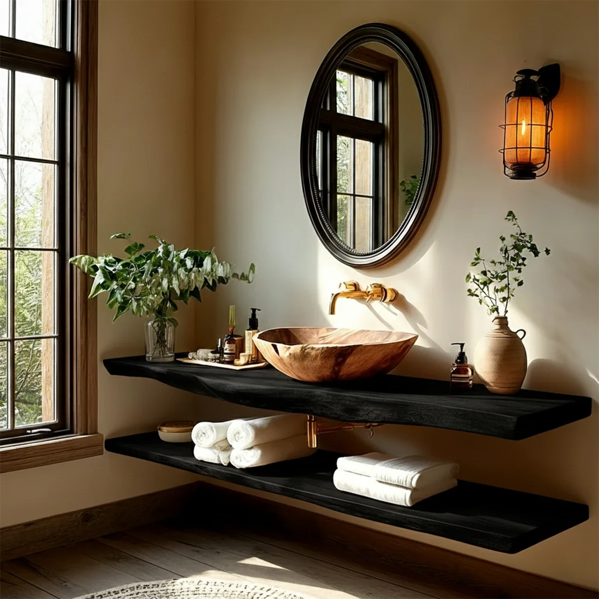Rustic Live Edge Bathroom Counter with Floating Wood Shelf