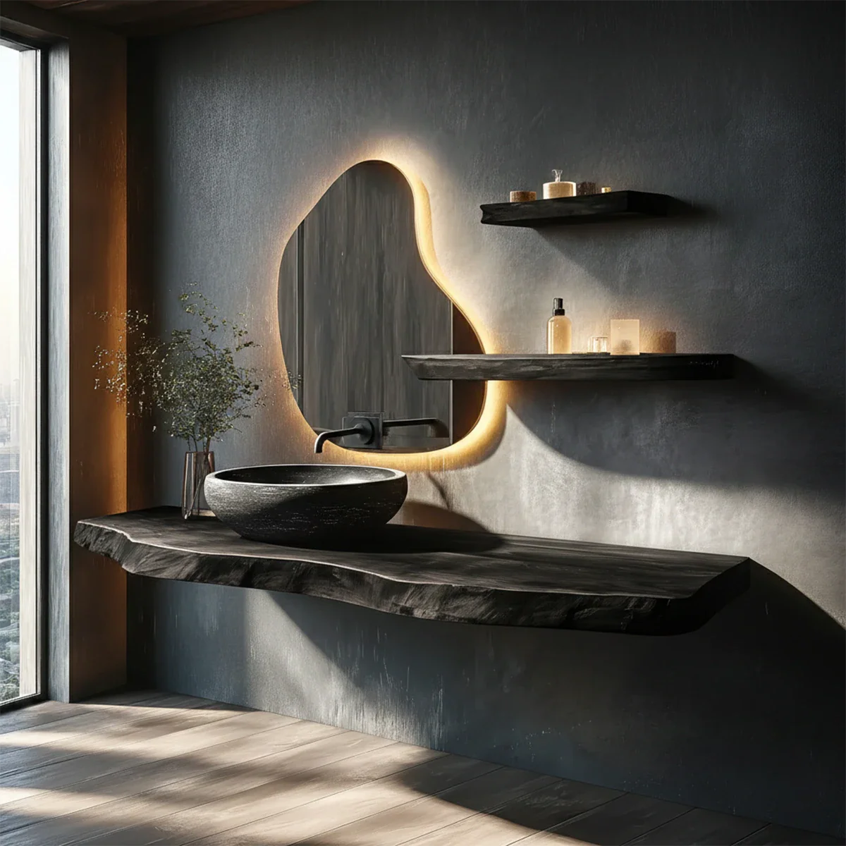 Contemporary Floating Live Edge Wood Bathroom Countertop Shelf