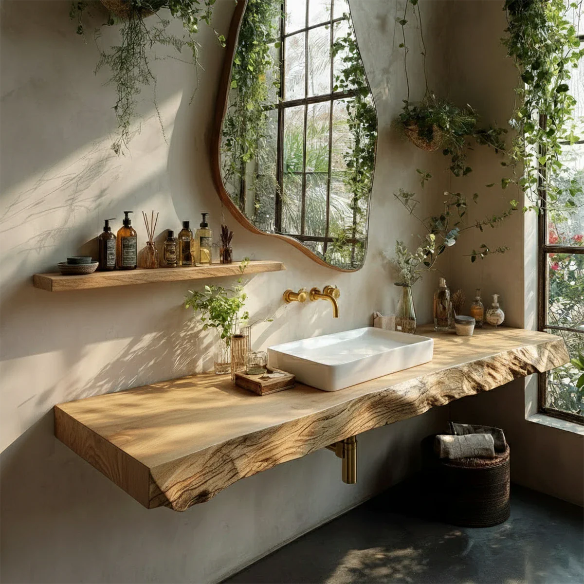 Natural Solid Wood Live Edge Vanity Shelf for Contemporary Bathrooms