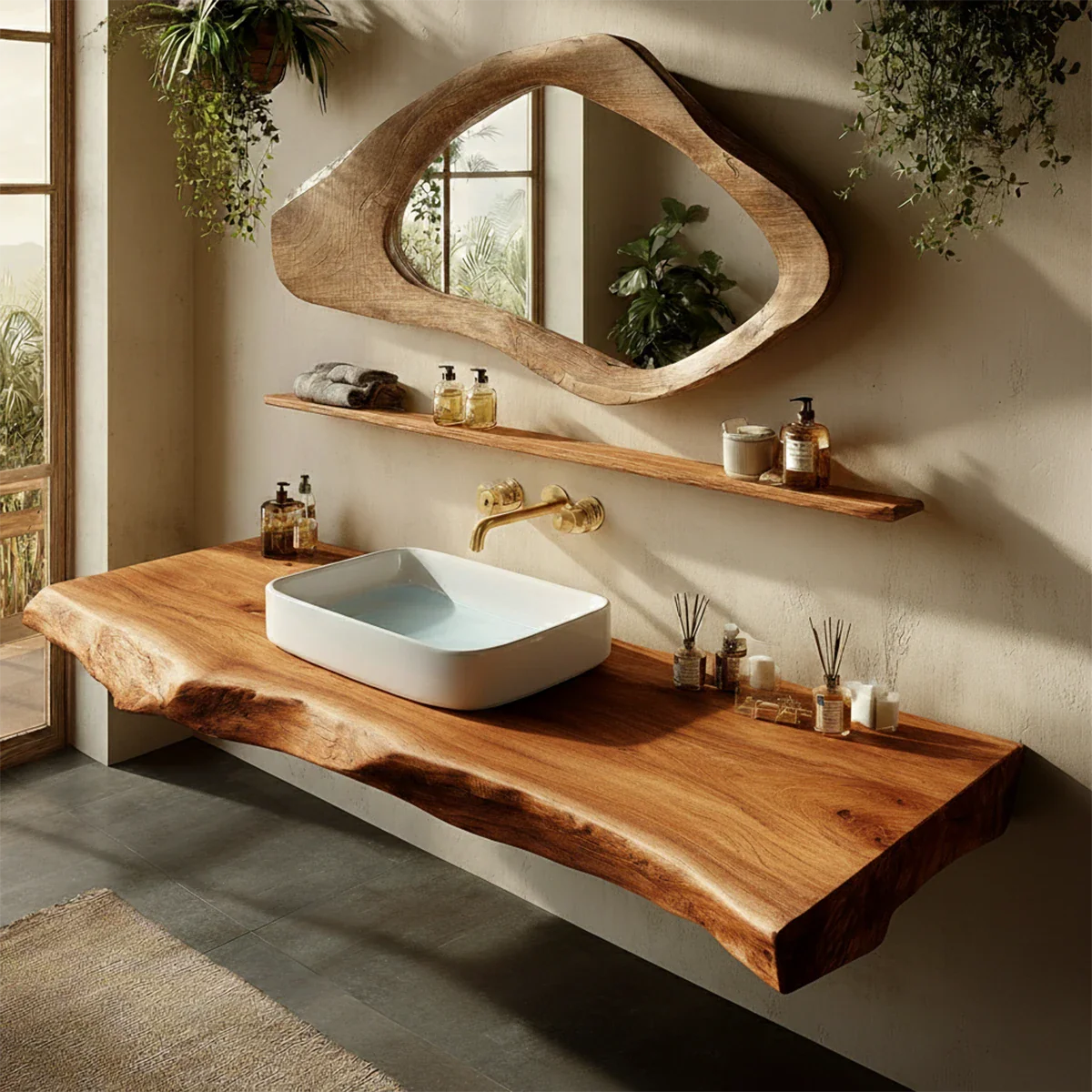 Handcrafted Live Edge Solid Wood Bathroom Counter Shelf