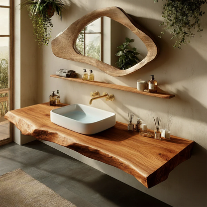 Handcrafted Live Edge Solid Wood Bathroom Counter Shelf