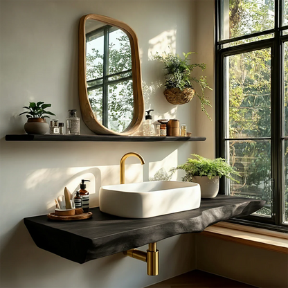Organic Live Edge Wood Bathroom Countertop Vanity with Wall Mount Shelf