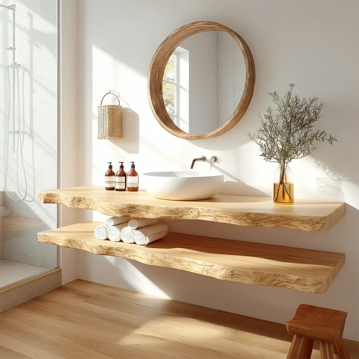 Minimalist Live Edge Solid Wood Vanity Counter with Dual Floating Shelves