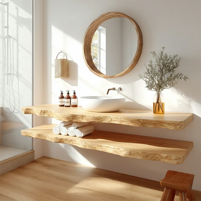 Minimalist Live Edge Solid Wood Vanity Counter with Dual Floating Shelves