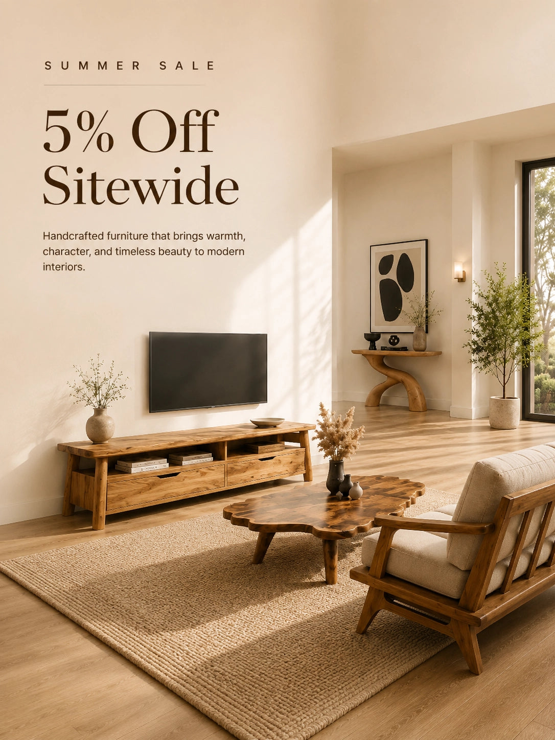 Handcrafted solid wood TV stand, coffee table, and console table in a modern living room by Arboriswood