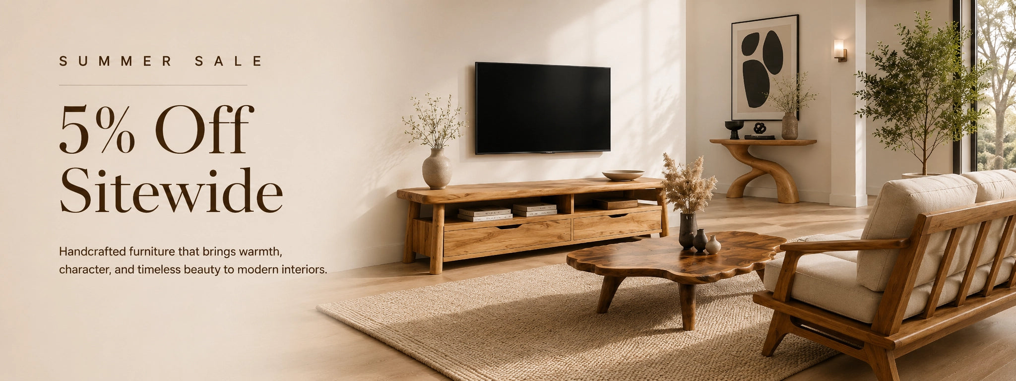 Handcrafted solid wood TV stand, coffee table, and console table in a modern living room by Arboriswood