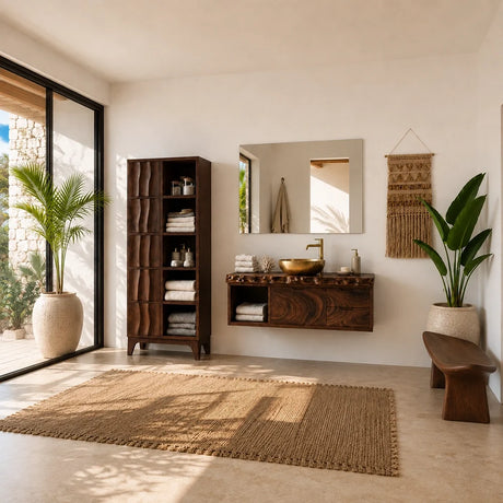 Bathroom with an Arboriswood floating solid wood vanity, vessel sink, tall storage cabinet and wooden bench