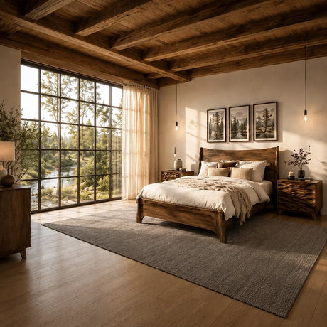 Bedroom with an Arboriswood solid wood bed frame and carved wooden nightstands