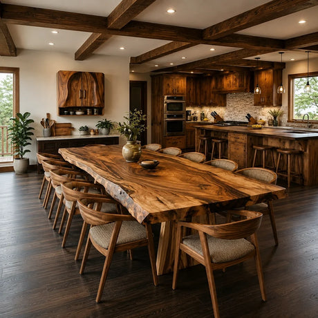 Dining room with an Arboriswood live-edge solid wood dining table, wooden chairs and wall cabinet