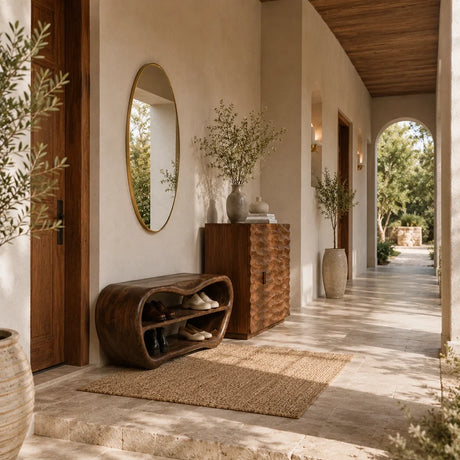 Entryway with an Arboriswood open shoe storage bench and carved solid wood cabinet