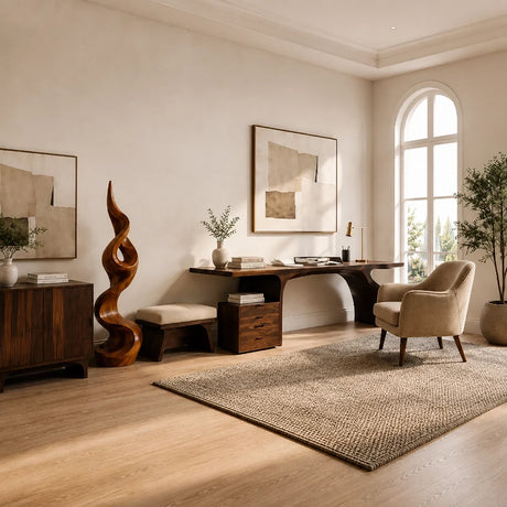 Home office with an Arboriswood live-edge solid wood desk, drawer cabinet, sideboard and abstract wood sculpture