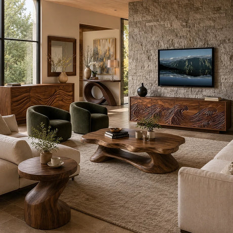 Living room with Arboriswood wave-carved solid wood TV stand, sideboard, organic coffee table and sculptural side table